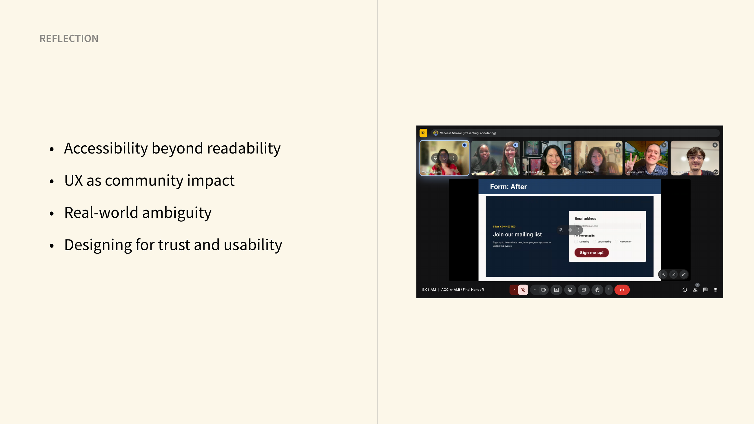 Reflection slide with accessibility takeaways and team video call