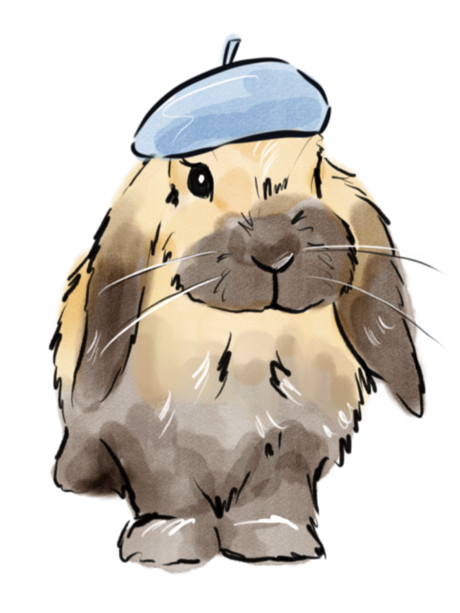 A cute illustrated brown bunny rabbit wearing a blue beret.