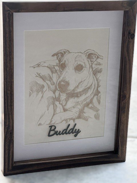 Framed pencil sketch of a dog with the name "Buddy" written underneath.