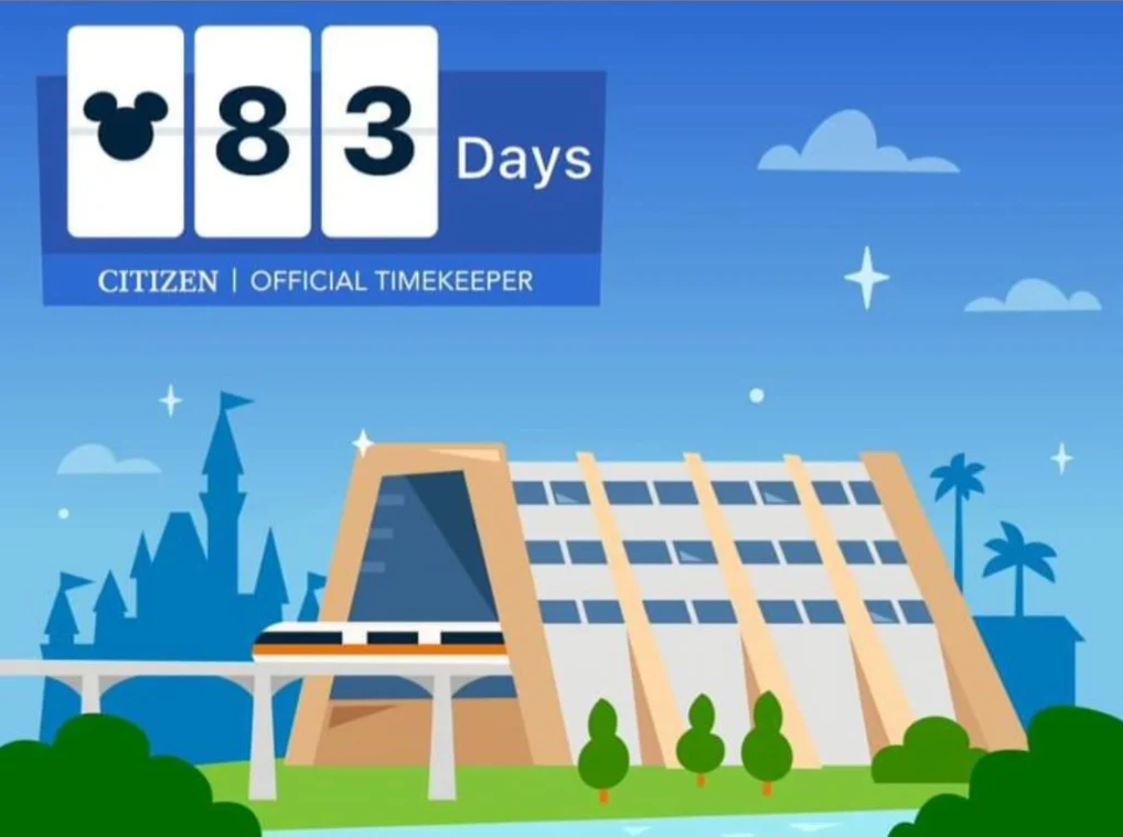A digital countdown timer showing 83 days, with a Disney castle and a monorail train in a cartoon theme park setting, including trees, clouds, and star decorations.