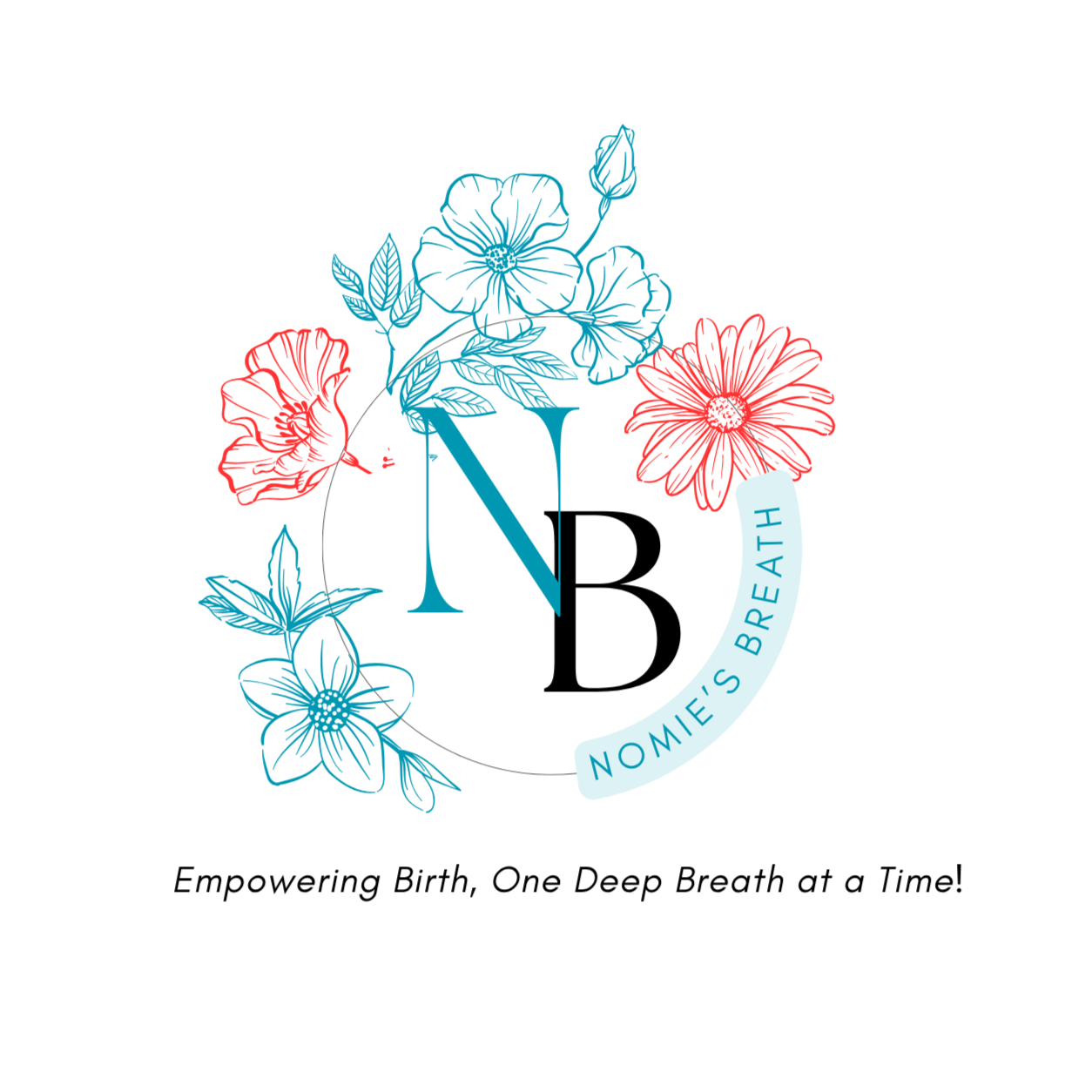 Logo for Nomie's Breath with large letters N and B in the center, surrounded by floral and leaf illustrations and a circular banner with the words Nomie's Breath.