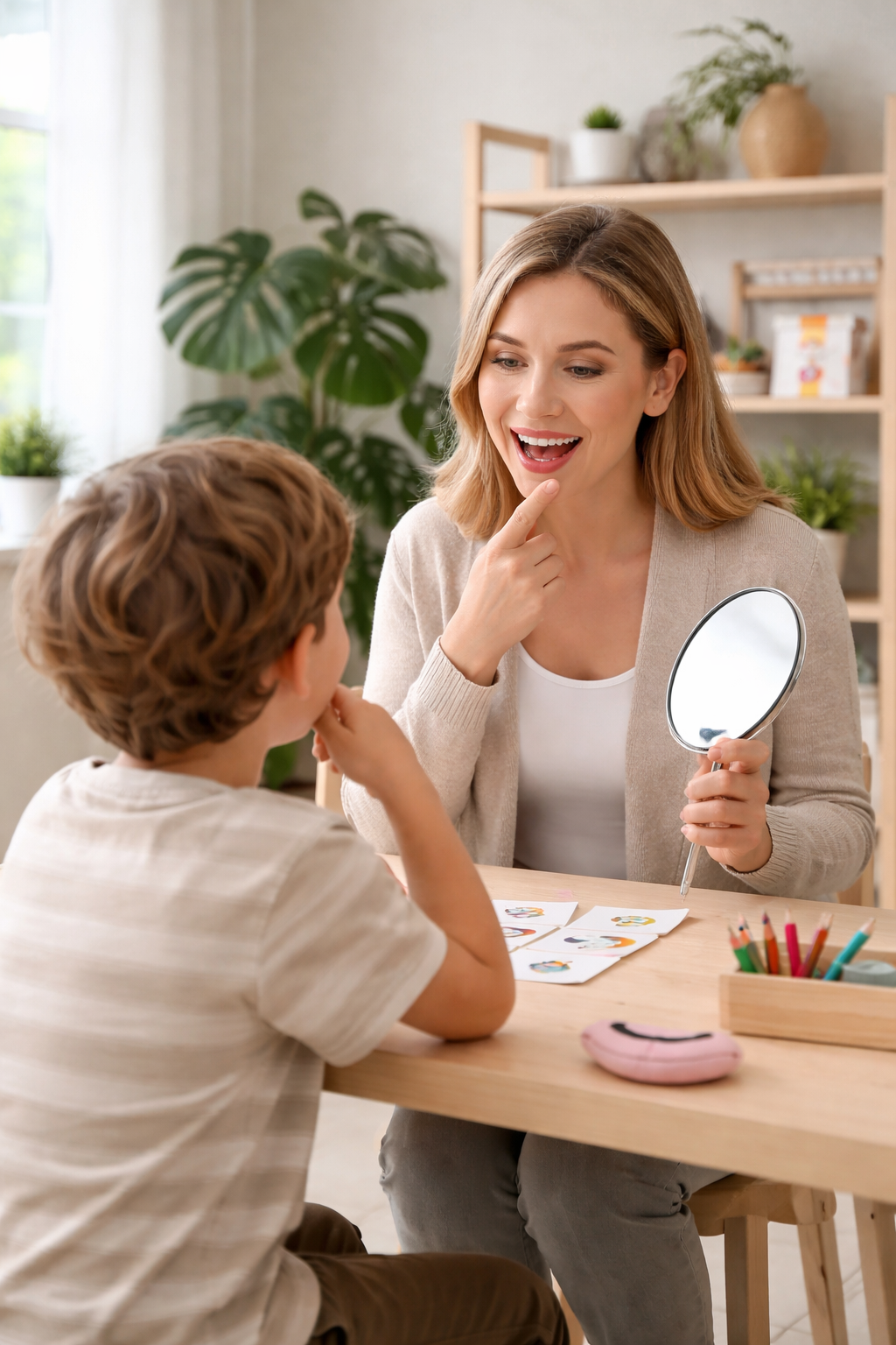 A woman and a young boy are sitting at a table inside a room decorated with potted plants. The woman is holding a mirror and smiling while pointing to her mouth, and the boy is watching her with his hand near his chin. There are colored pencils and a plotting area on the table.