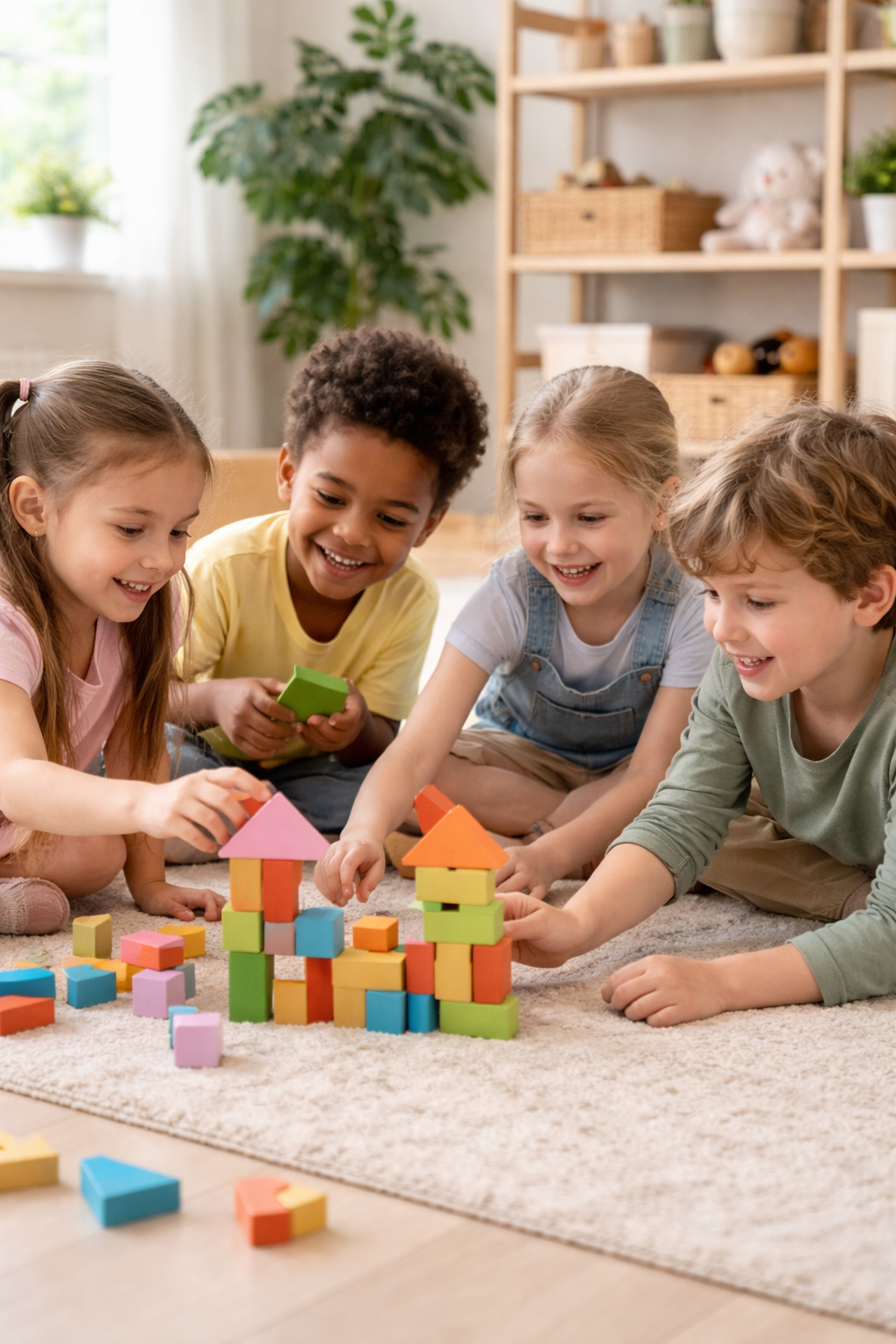 Four children playing with colorful building blocks on a beige carpet in a room with a wooden shelf and a large green plant in the background.