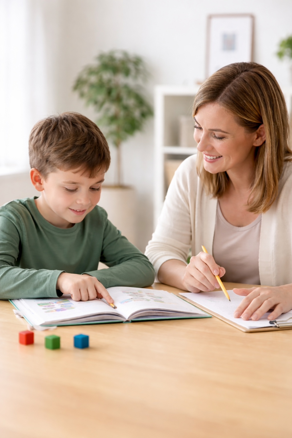 A woman and young boy smiling and working on assignments together at a wooden table, with colorful cubes on the table and a plant in the background.