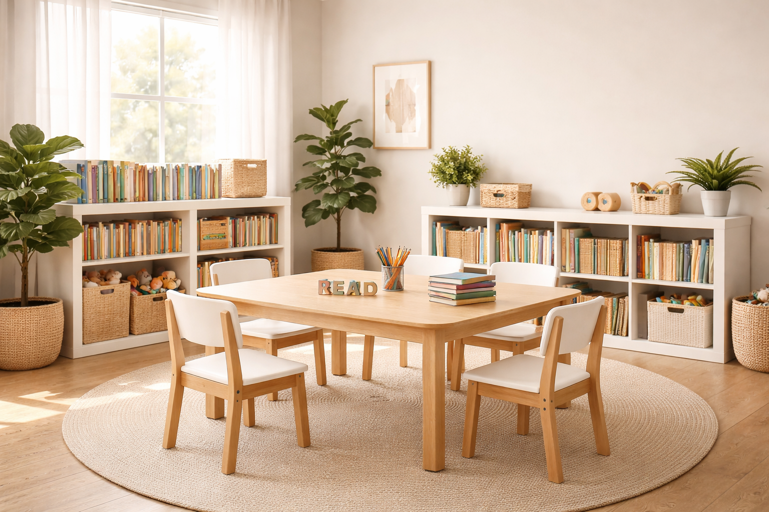 Educational setting with a table, chairs, several books and toys