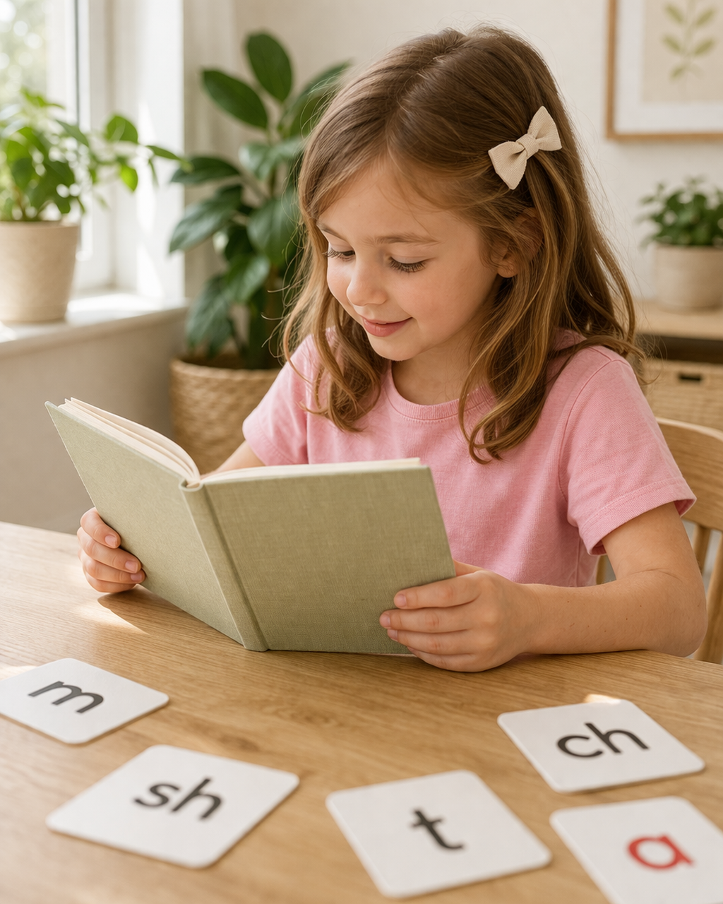 Young girl learning to read with a book and flashcards; literacy lesson