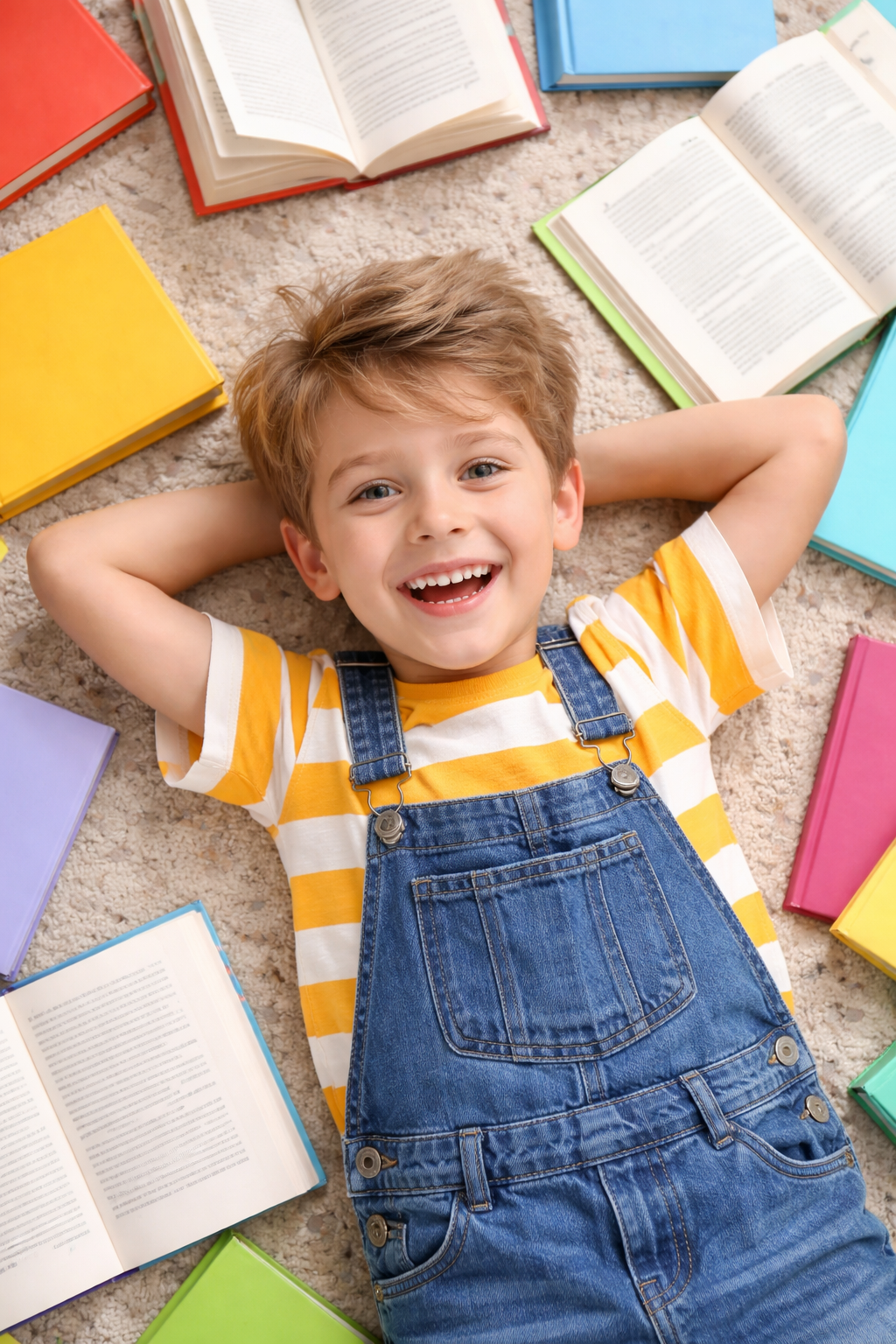 A smiling young boy lying on the carpet surrounded by open and closed colorful books.