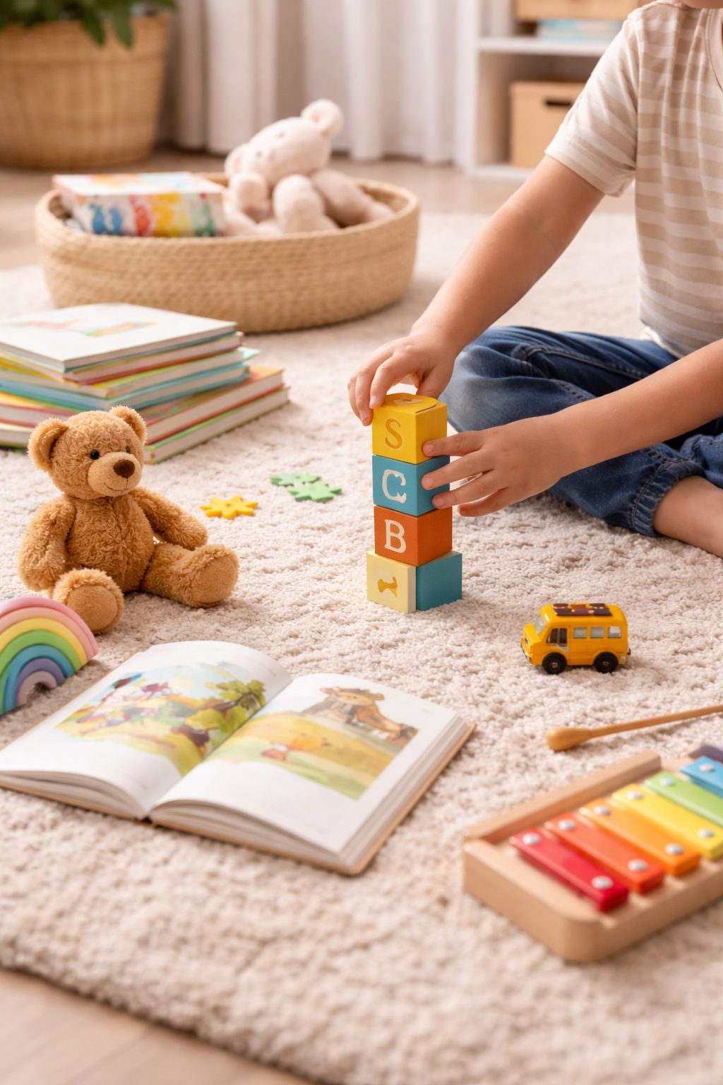 A child arranging colorful building blocks on a beige carpeted floor with toys, books, and stuffed animals around.