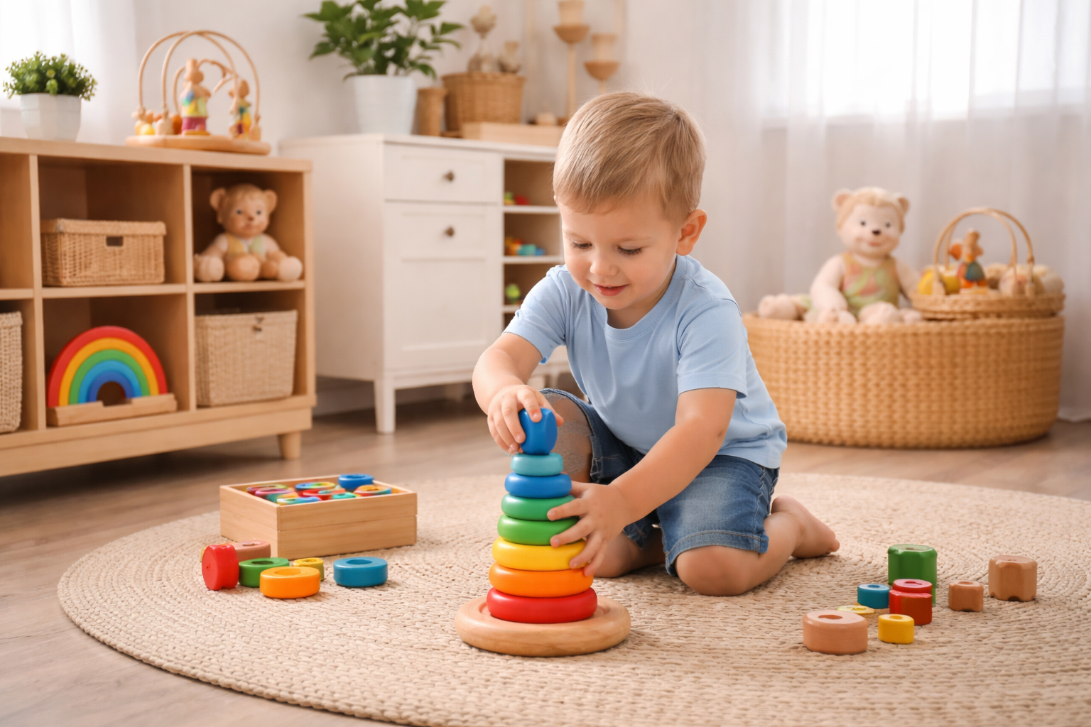 A young boy sits on a round beige rug, playing with colorful stacking rings. The room has wooden flooring, a white cabinet, and shelves filled with toys and plush animals. Natural light filters through sheer curtains.
