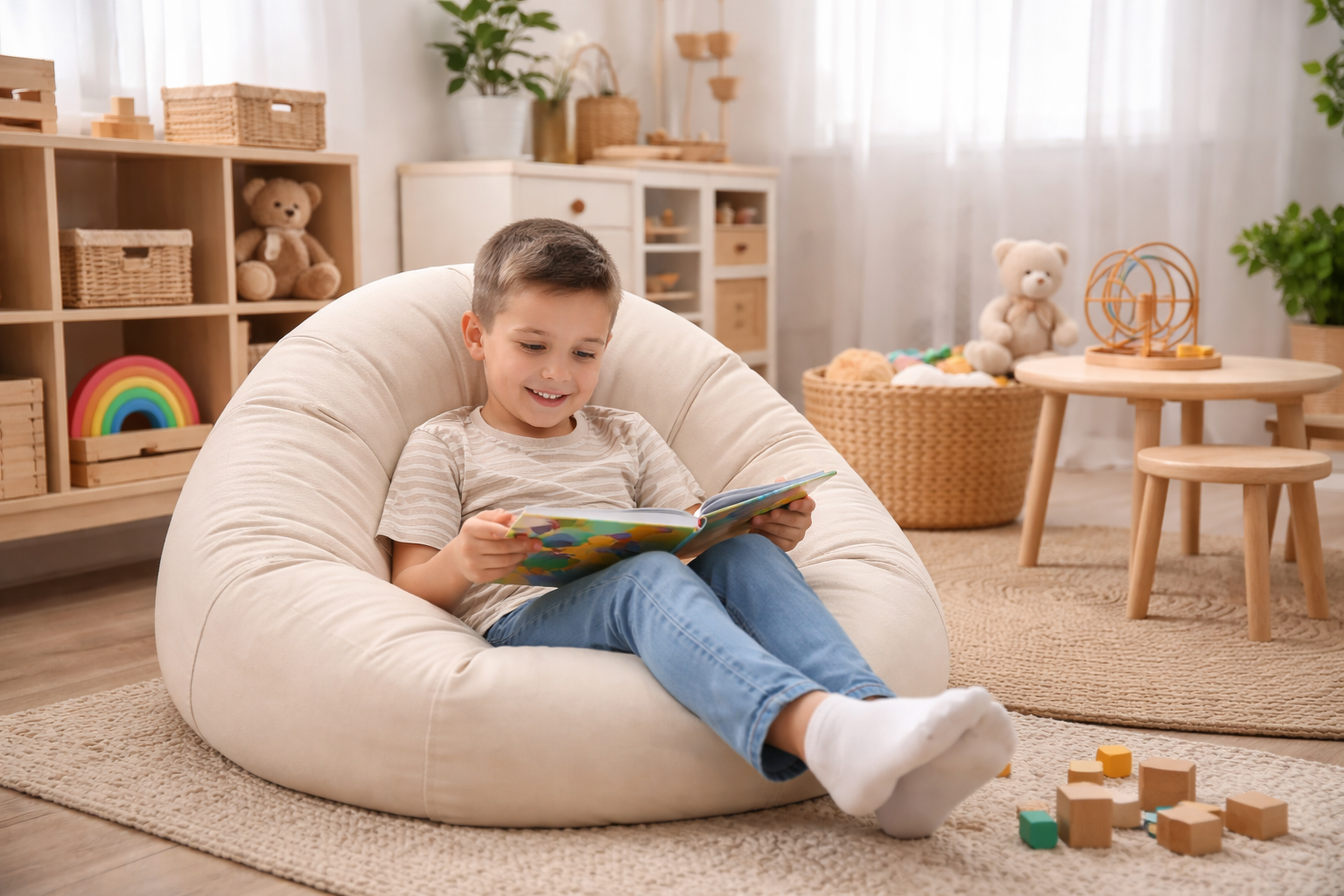 A young boy sitting on a large, round, cream-colored bean bag chair, reading a colorful book, in a cozy playroom with toys, teddy bears, and wooden furniture.