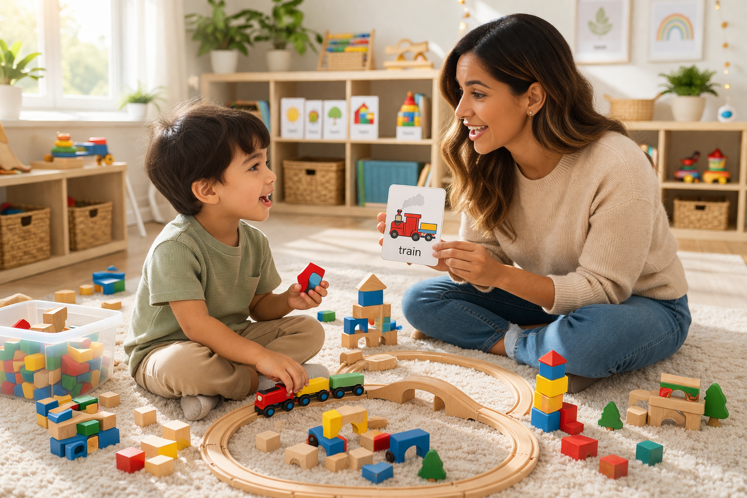 A young boy and a woman are playing with toy train sets and blocks on a carpeted floor in a bright, colorful playroom. The woman is holding a card that says 'train' with a picture of a train. The boy is holding a toy train, smiling at the woman. The room has wooden shelves with baskets, books, and toys, and artwork is hanging on the wall.