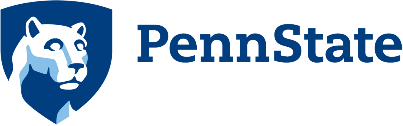 Penn State logo featuring a white lion's head in a shield and the text 'Penn State' in blue.