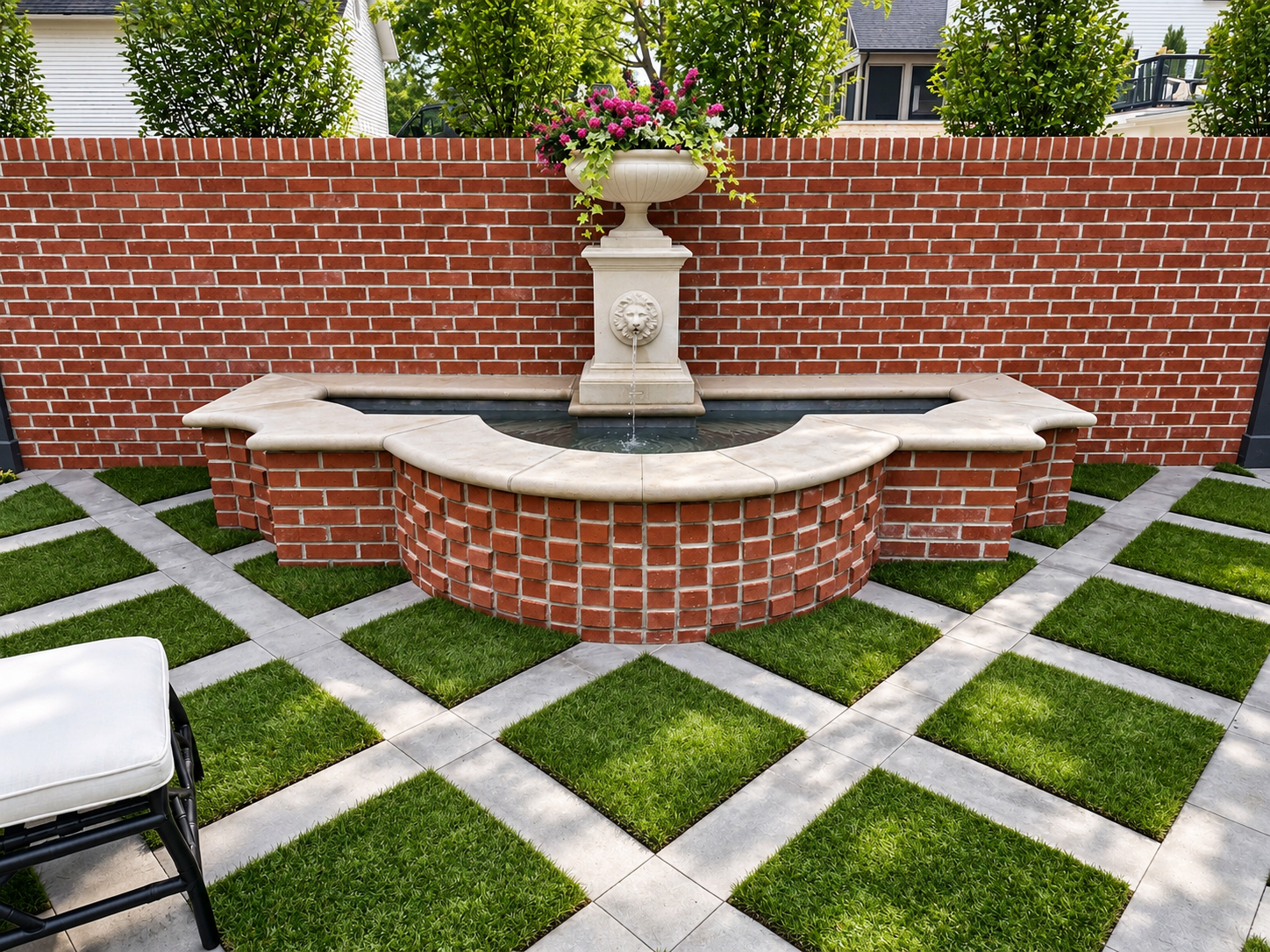 Symmetrical Brick Wall Garden Fountain and Artificial Turf