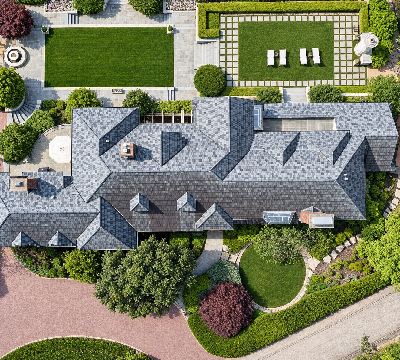 Aerial view of a grand estate garden in Lake Geneva, WI