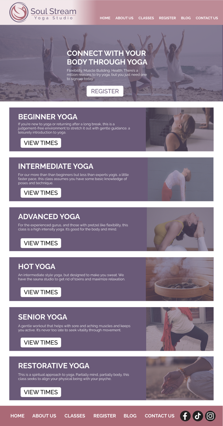 Yoga website class selection page