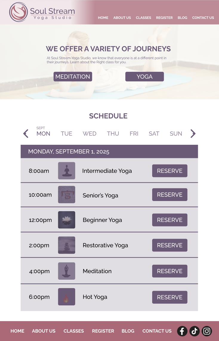Yoga website schedule book a class page