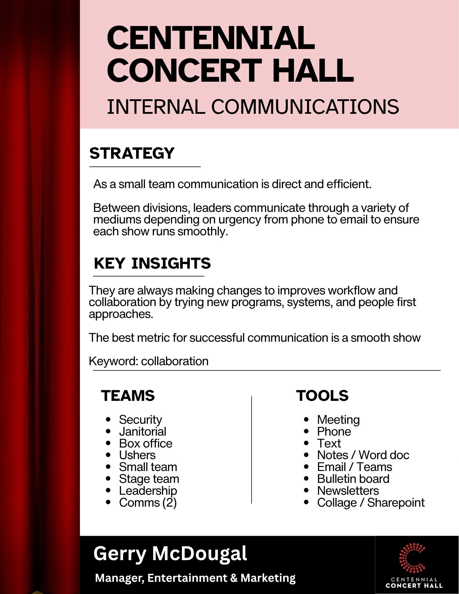 Centennial Concert Hall handout on informational internal Communications