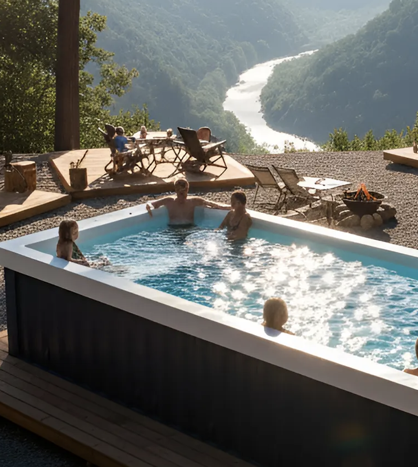 People relaxing in and around a swimming pool on a deck, with tents and a scenic mountain river view in the background. The scene suggests a peaceful outdoor retreat.