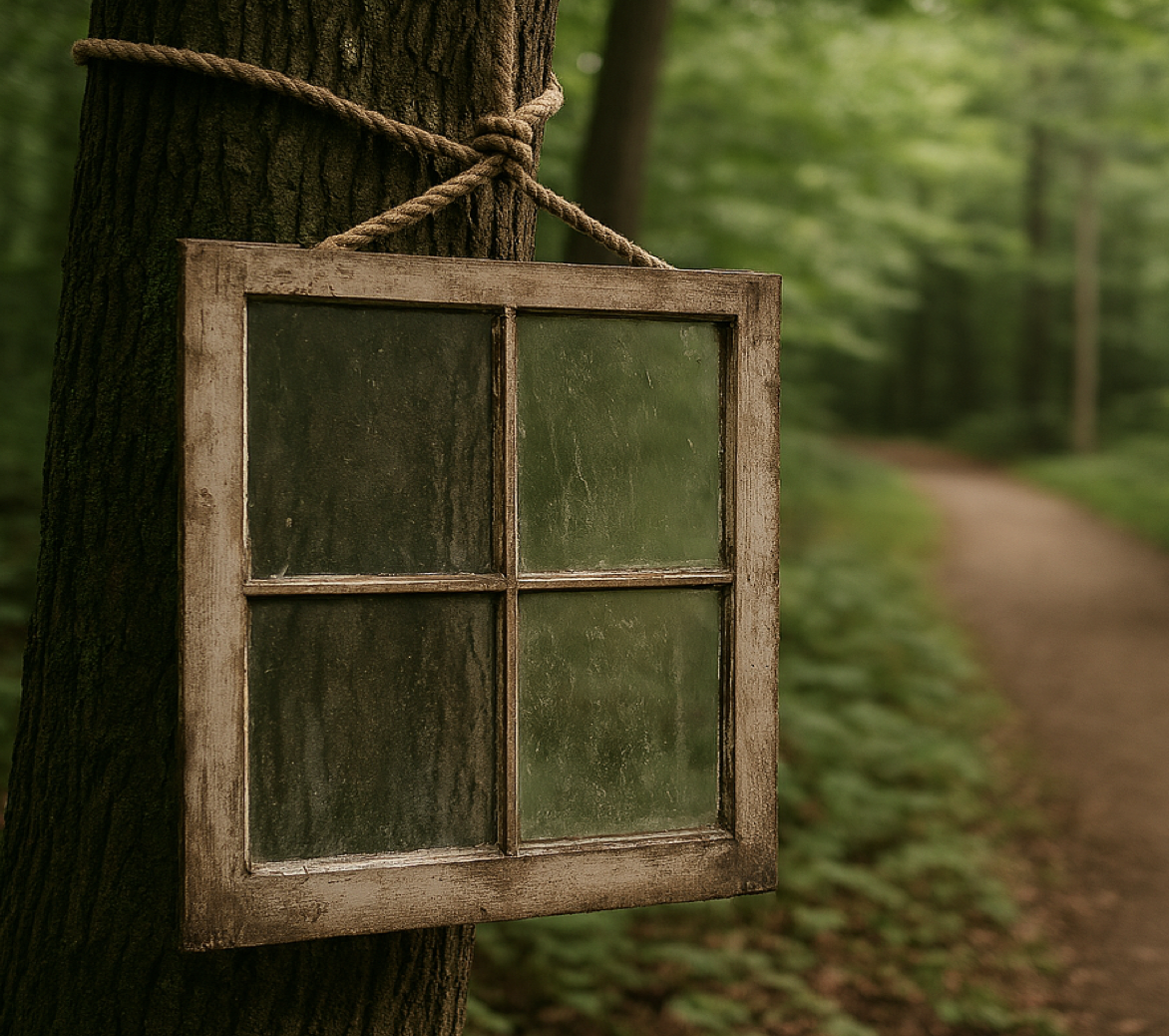 An old, weathered wooden window frame with four glass panes hanging from a tree in a green forest.