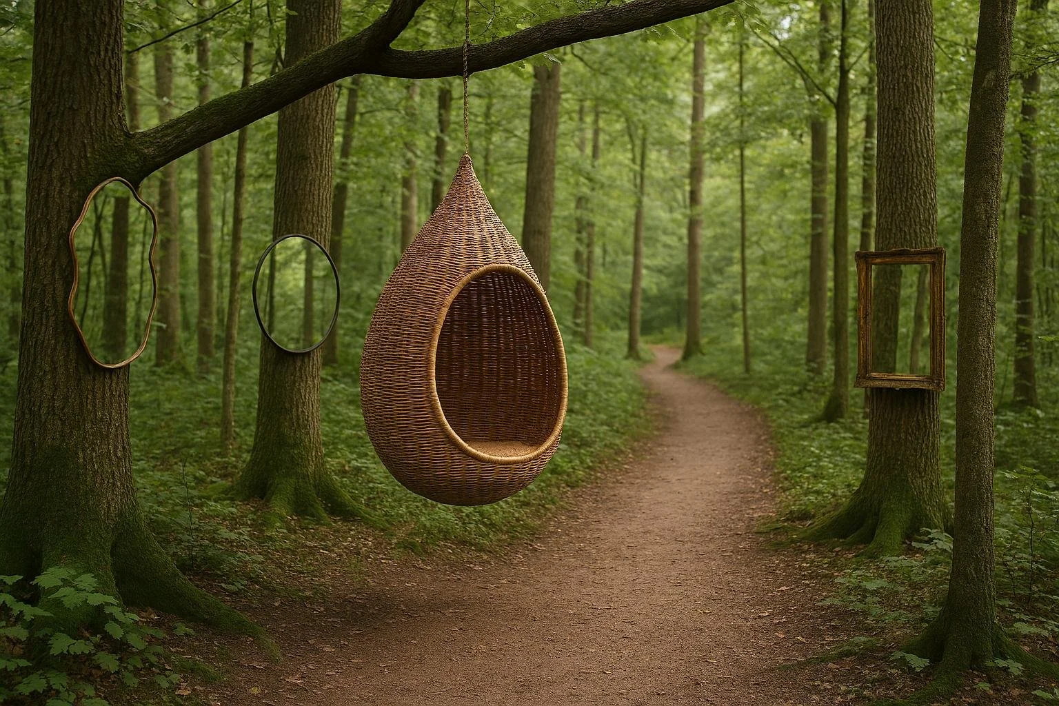 A forest scene with a dirt path and trees. Four empty picture frames and a hanging wicker chair are attached to the trees.