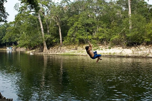Child jumping into a calm river with green trees on the riverbank.