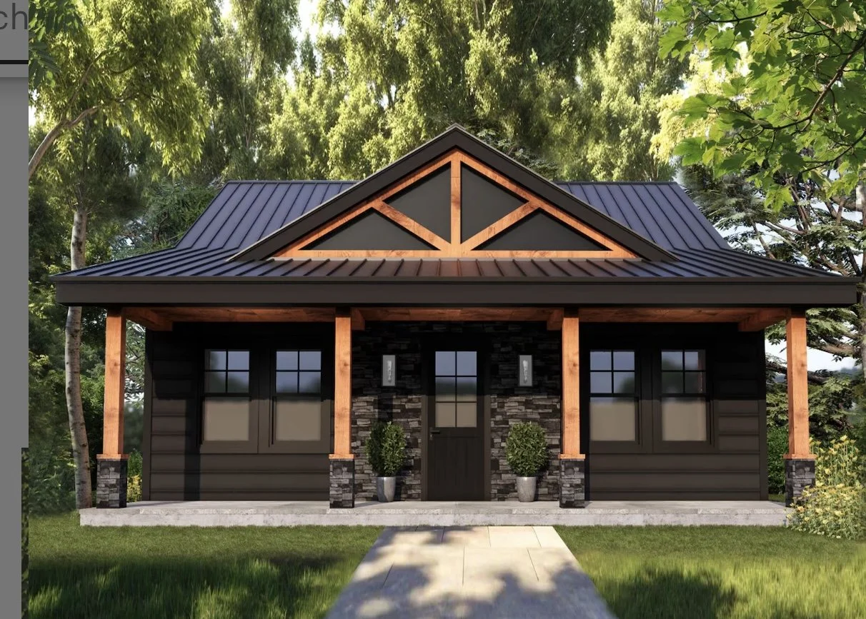 Front view of a modern house with black siding, stone accents, and a metal roof, surrounded by green trees and grass.