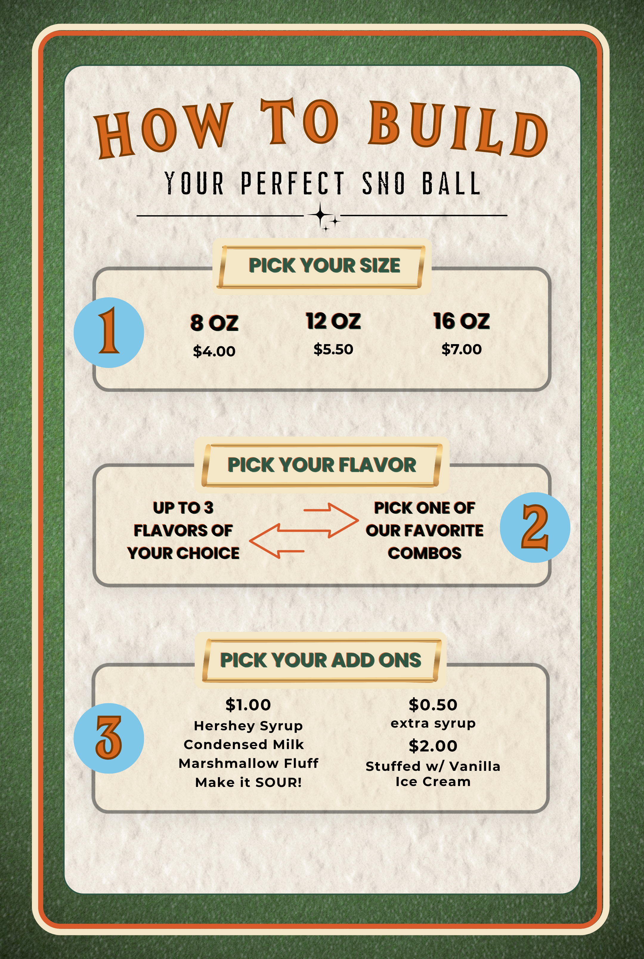 A colorful menu with instructions on how to build a sno ball, including size options, flavor choices, and add-ons, featuring decorative borders and icons.