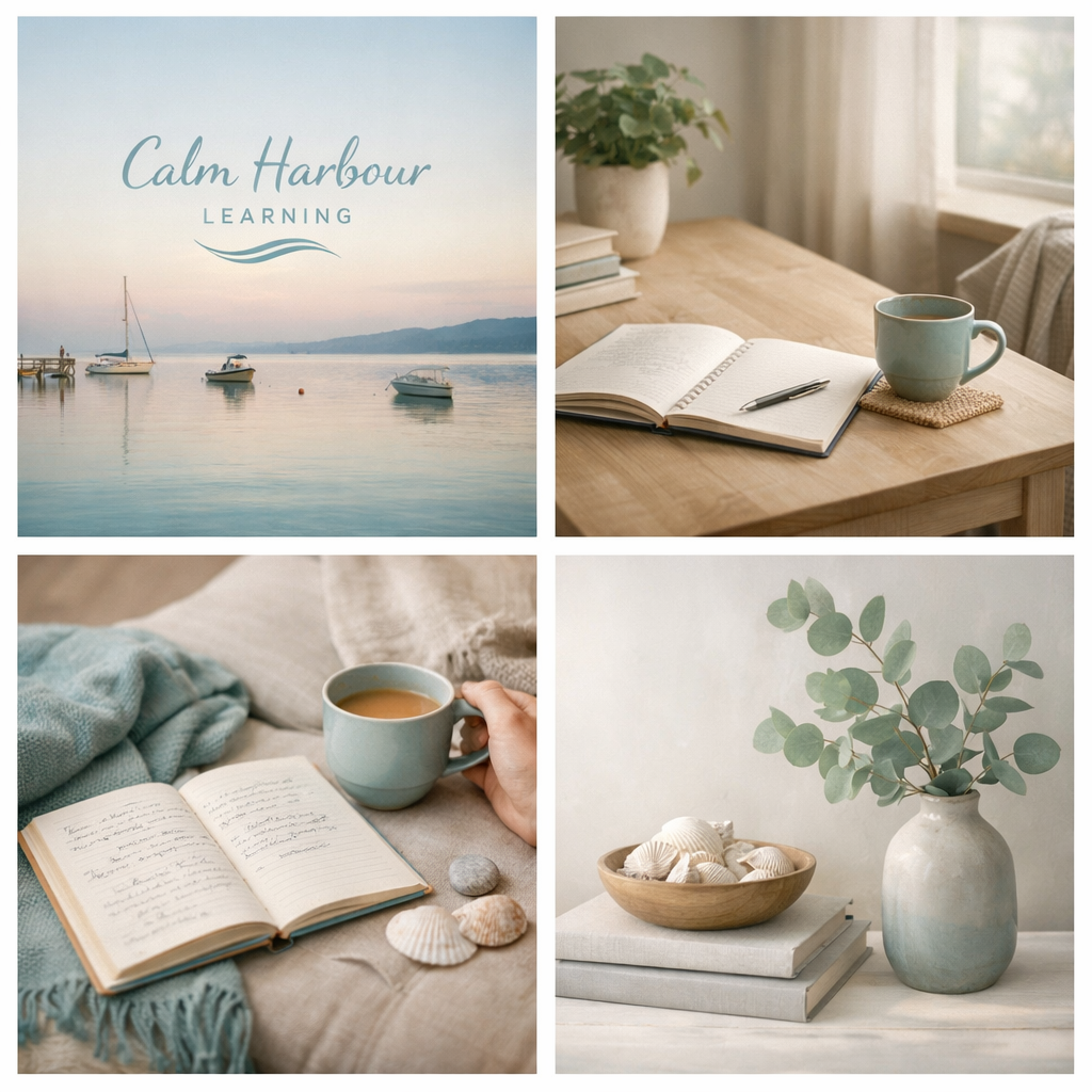 Four images: 1) Calm harbor with boats at sunset, 2) Open notebook and mug on wooden desk by window, 3) Open book, mug, and seashells on sofa, 4) Vase with eucalyptus leaves and seashells on books.