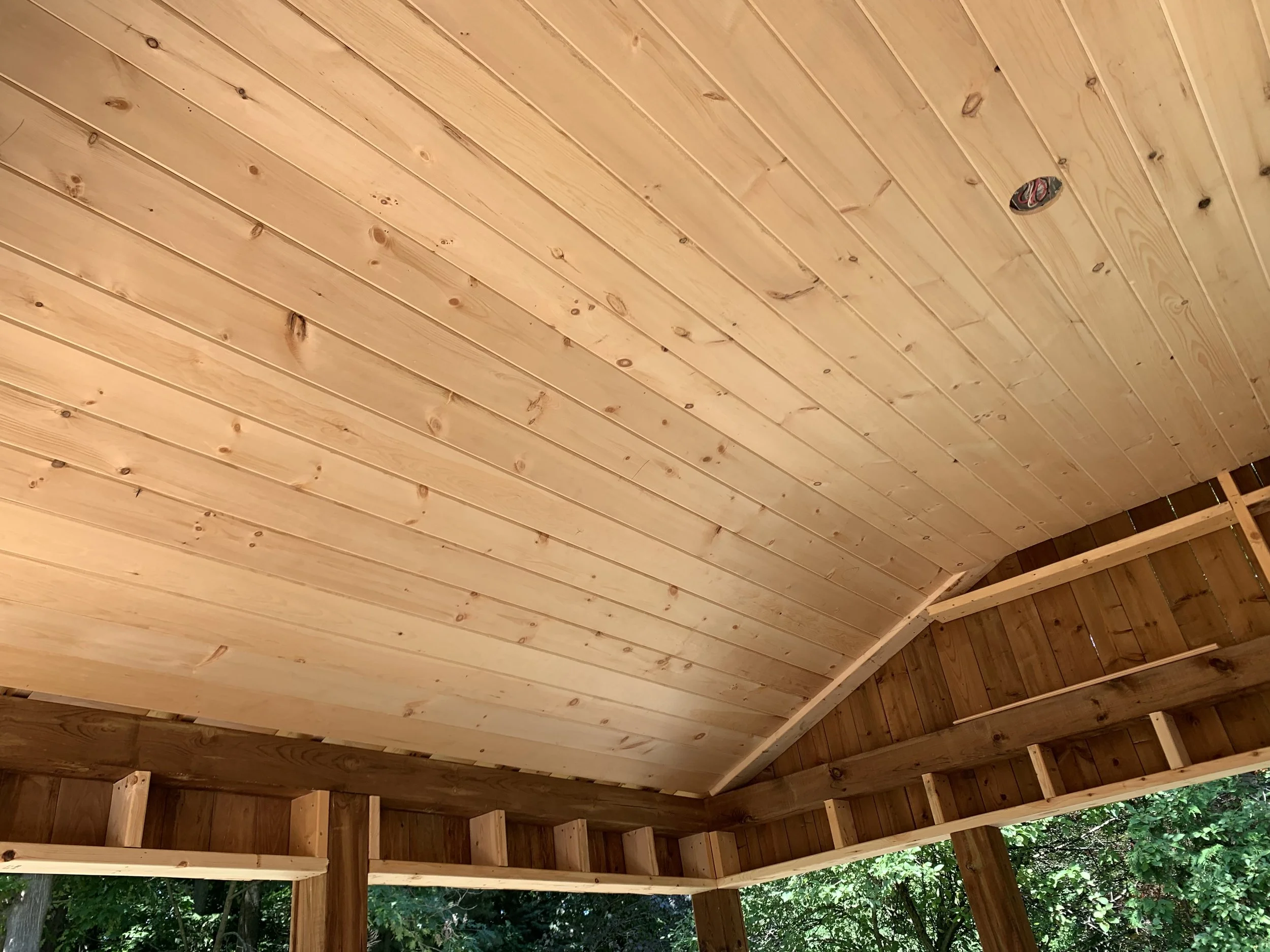 Wooden ceiling framing in a house under construction with natural light and surrounding trees outside.