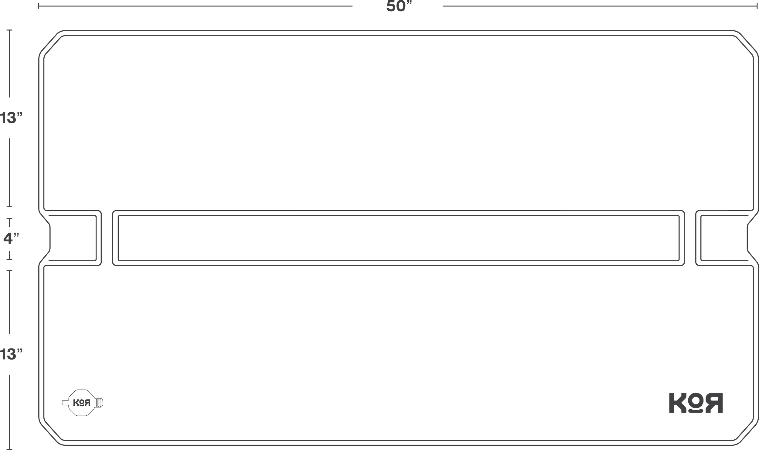 Technical drawing of a large rectangular object with measurements in inches, including 50 inches in length, 13 inches in width, and 4 inches in height. The drawing features various lines and angles, with labels or markings such as 'K9R' in the bottom right corner.