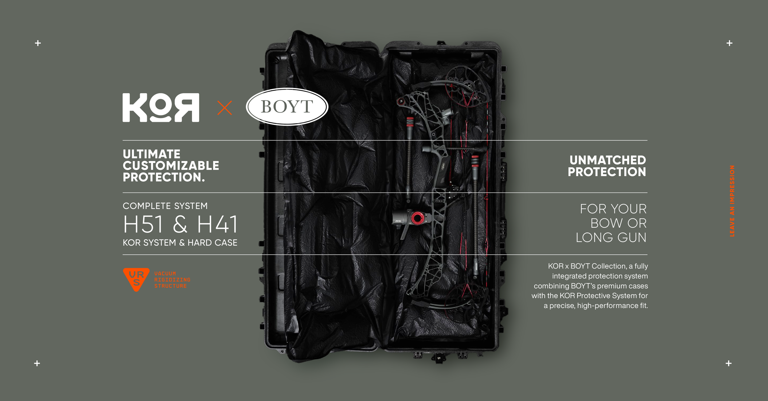 Open black hard case containing a black and red compound bow with accessories, set against a gray background with white and orange text describing a customizable protection system for bows.