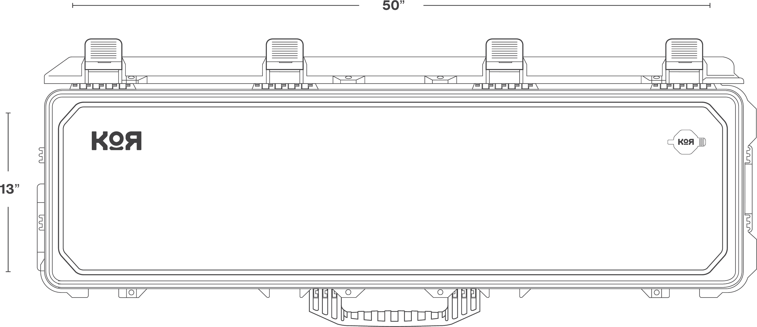 Technical drawing of a rectangular device with four squares on top and a circle on the side, measurements marked in inches.