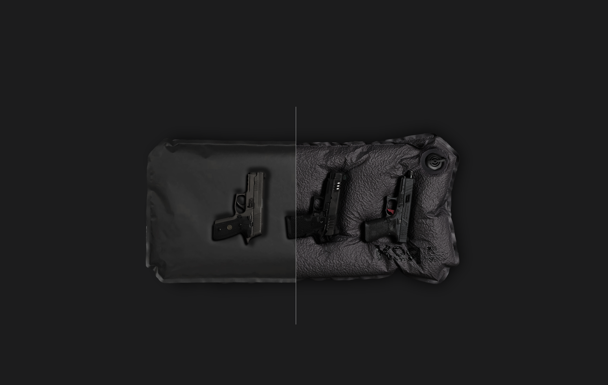 Comparison of two semi-automatic pistols on a black surface, with one on the left side undamaged and the other on the right side showing signs of damage.