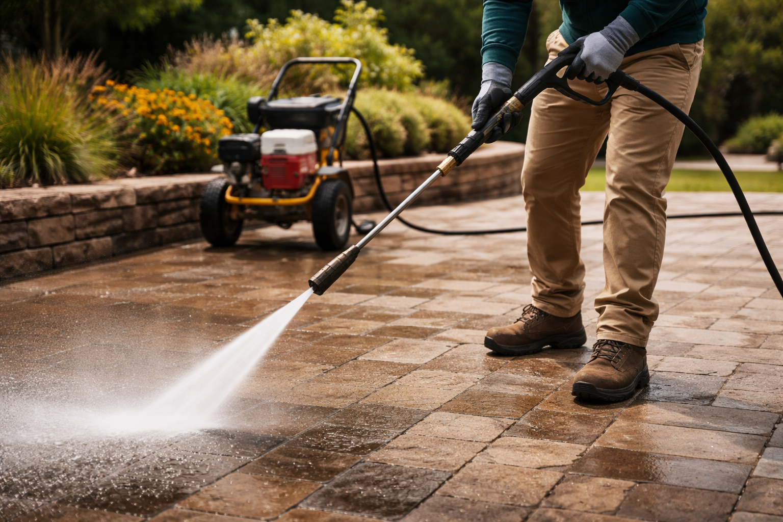 Person pressure washing a stone patio with a spray wand, using a pressure washer in the background.