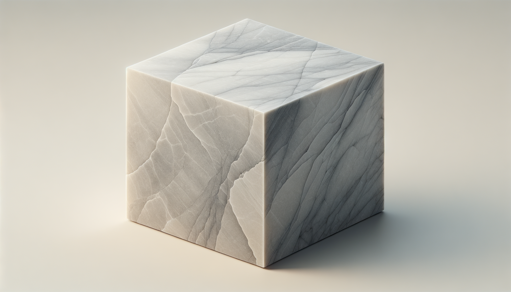 A white marble cube with gray veining, placed on a beige surface against a light background.