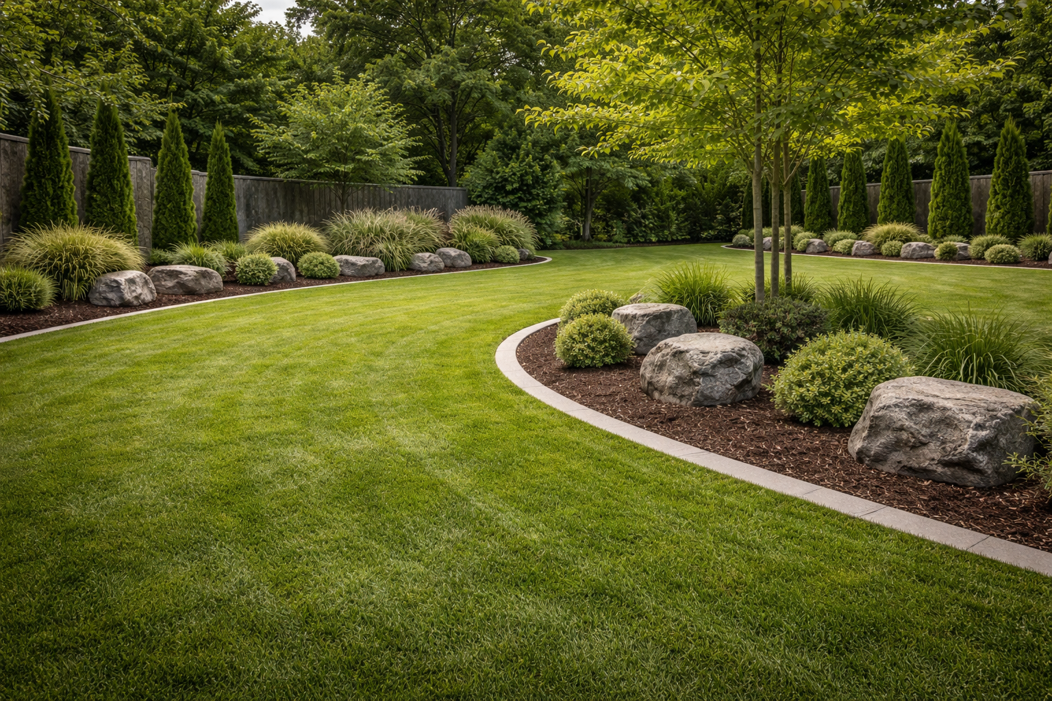 A well-maintained backyard with lush green grass, landscaped with various shrubs, bushes, and tall trees. Large rocks are placed along the garden beds, and a row of tall, narrow evergreen trees borders the area. The background features a wooden privacy fence surrounded by dense trees.