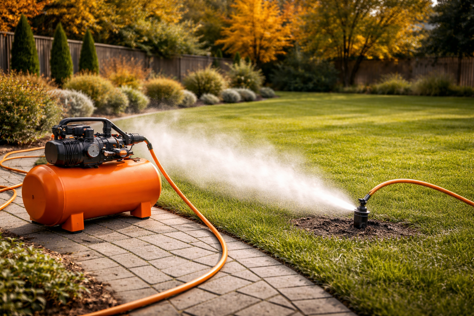 An orange lawn sprinkler spraying water onto a well-manicured lawn with a garden and trees in the background.