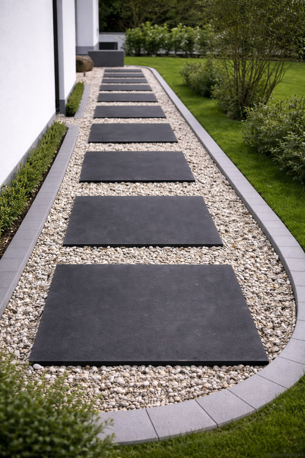 A modern outdoor pathway with large black rectangular stepping stones set in white gravel, bordered by curved gray tiles, surrounded by green grass and bushes.