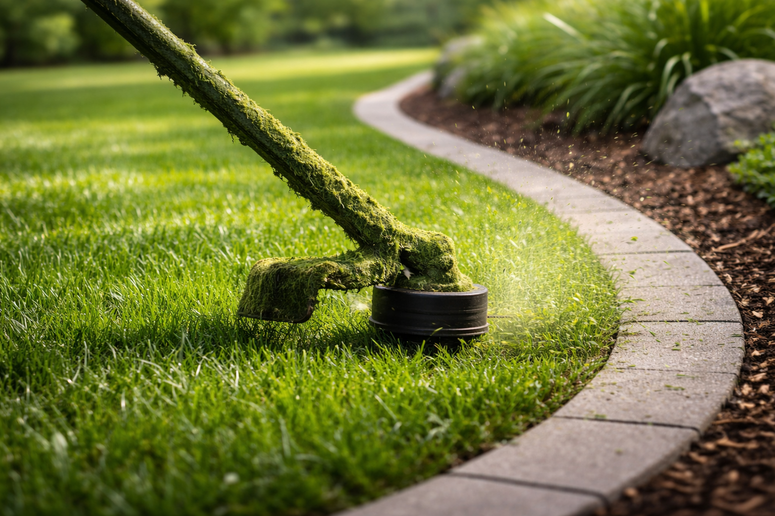 A garden lawn being mowed by a lawn mower with a moss-covered blade, near a curved stone border and mulch bed with plants and rocks.