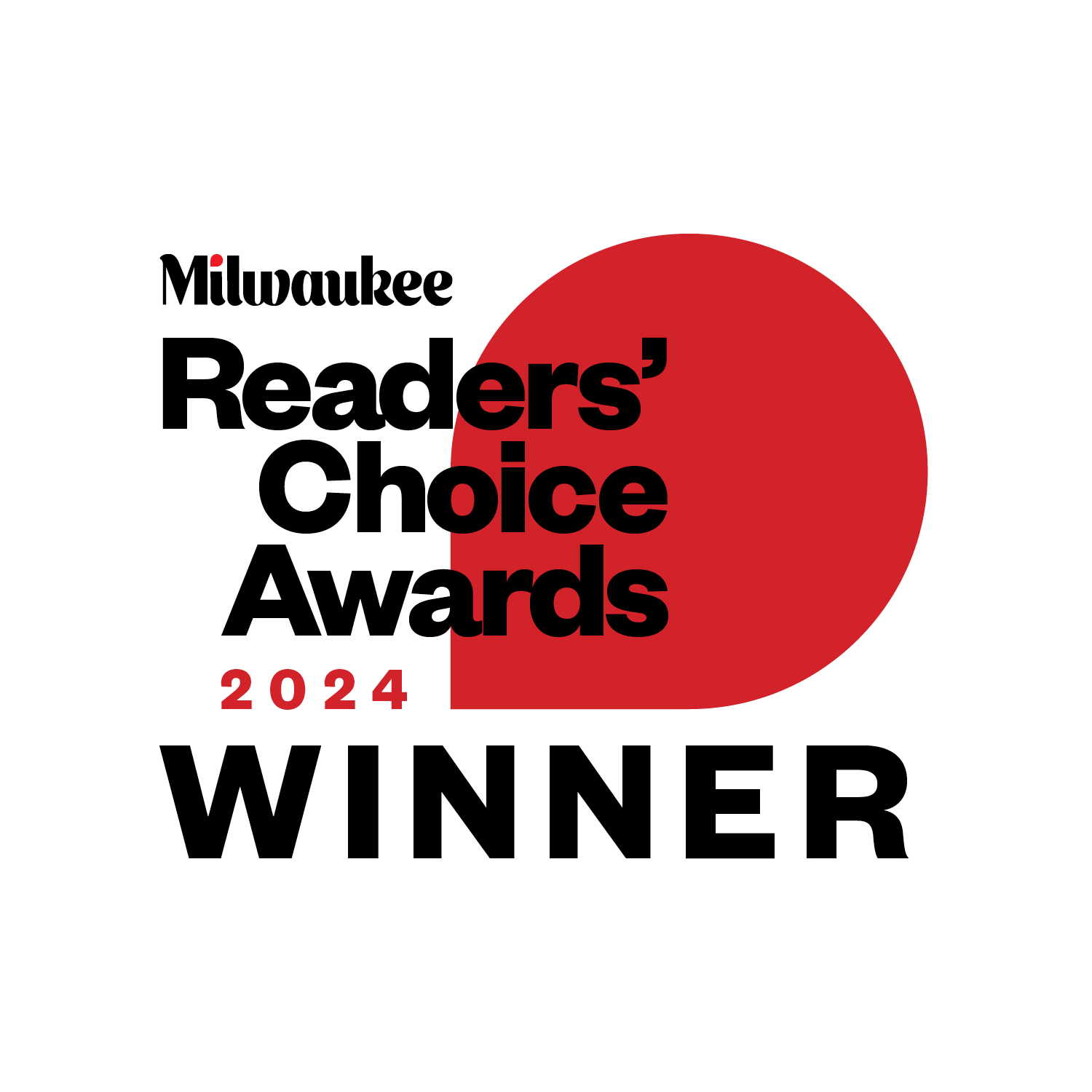 Award badge for Milwaukee Readers' Choice Awards 2024, indicating the recipient is a winner.