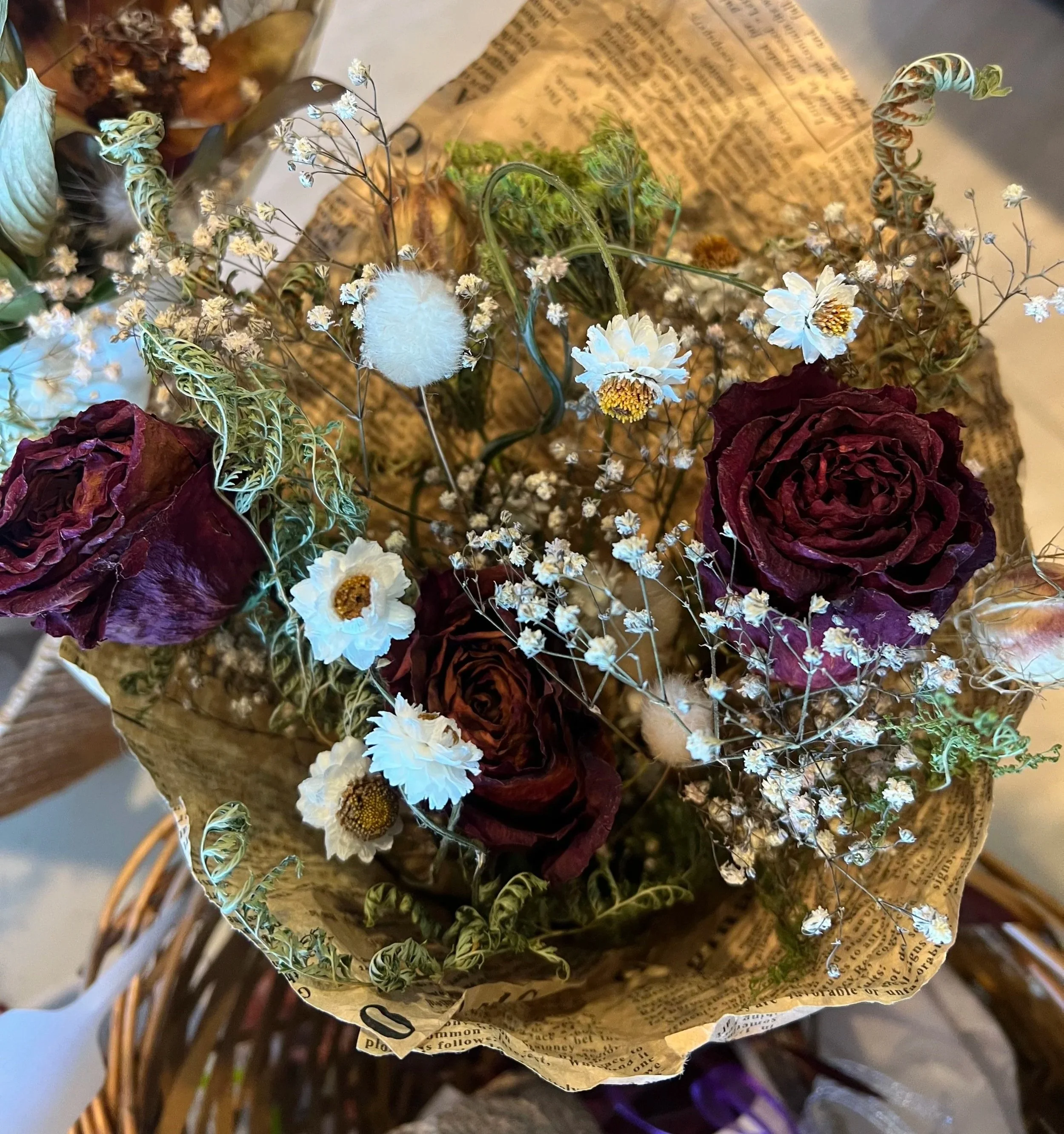 Vintage floral arrangement with natural textures and tones
