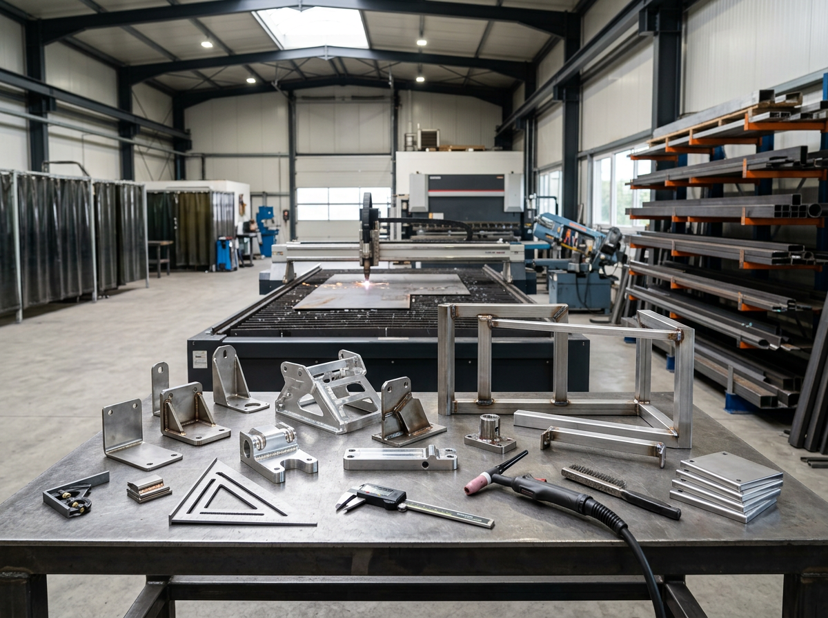 Metal manufacturing workshop with various metal parts, tools, and a CNC plasma cutting machine on a workbench in a spacious industrial setting.