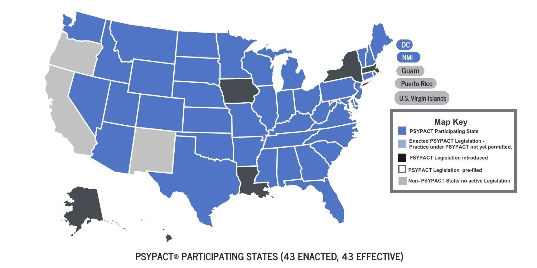 Map of the United States showing states participating in PSYPACT legislation in blue, states with enacted legislation in light blue, states with introduced legislation in black, pre-filed legislation in white, and states with no active legislation in gray. Key states include the District of Columbia and Guam in blue, and Puerto Rico and U.S. Virgin Islands in gray.
