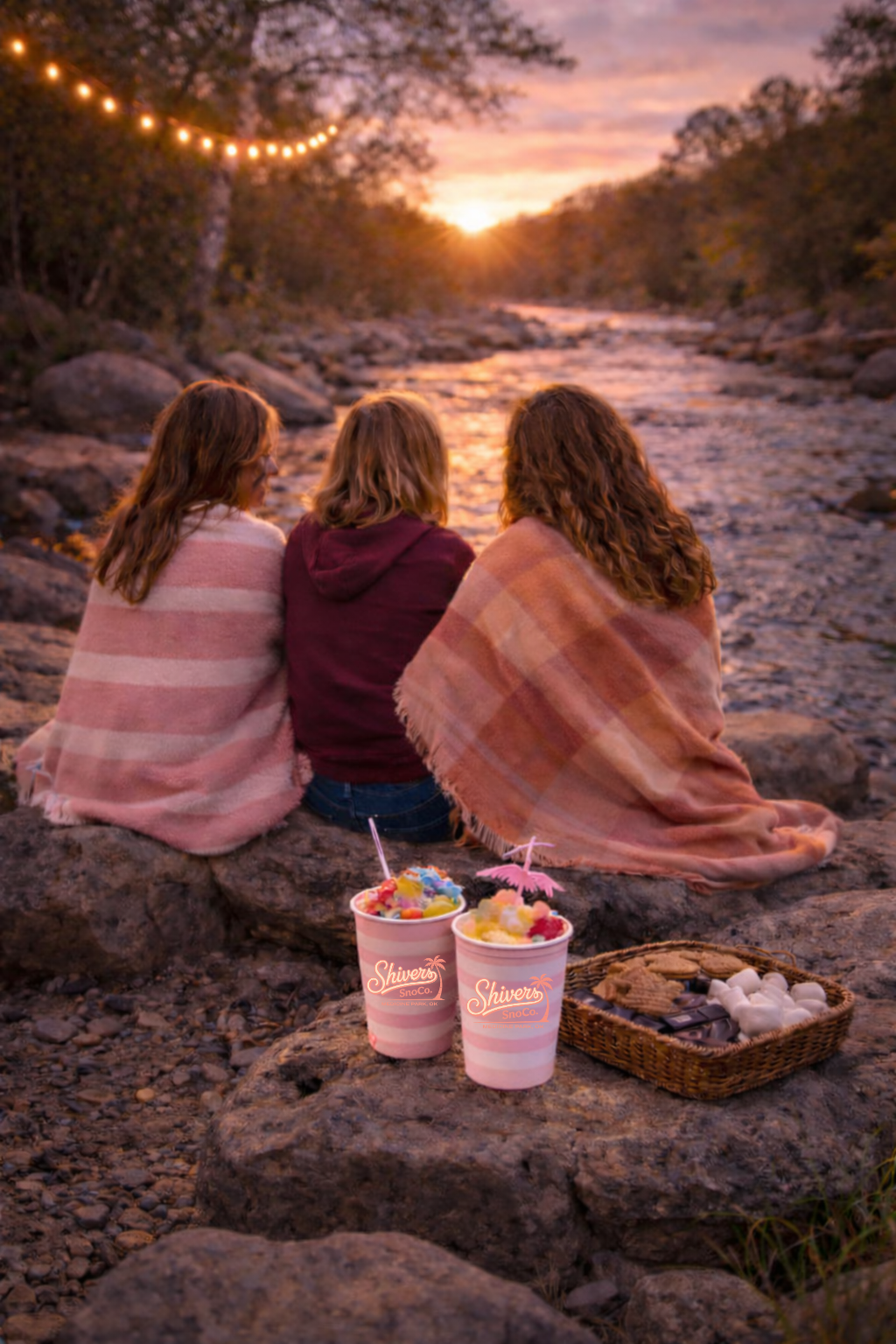 Three women sitting on rocks by a river at sunset, wrapped in blankets, with two cups of ice cream and a basket of snacks nearby.