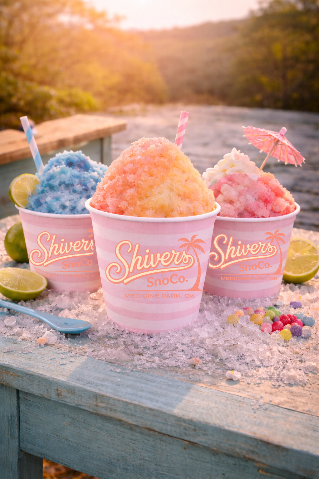 Three cups of colorful shaved ice with lemon slices, served with a small umbrella and striped straws, sitting on a wooden table sprinkled with ice, near a river at sunset.