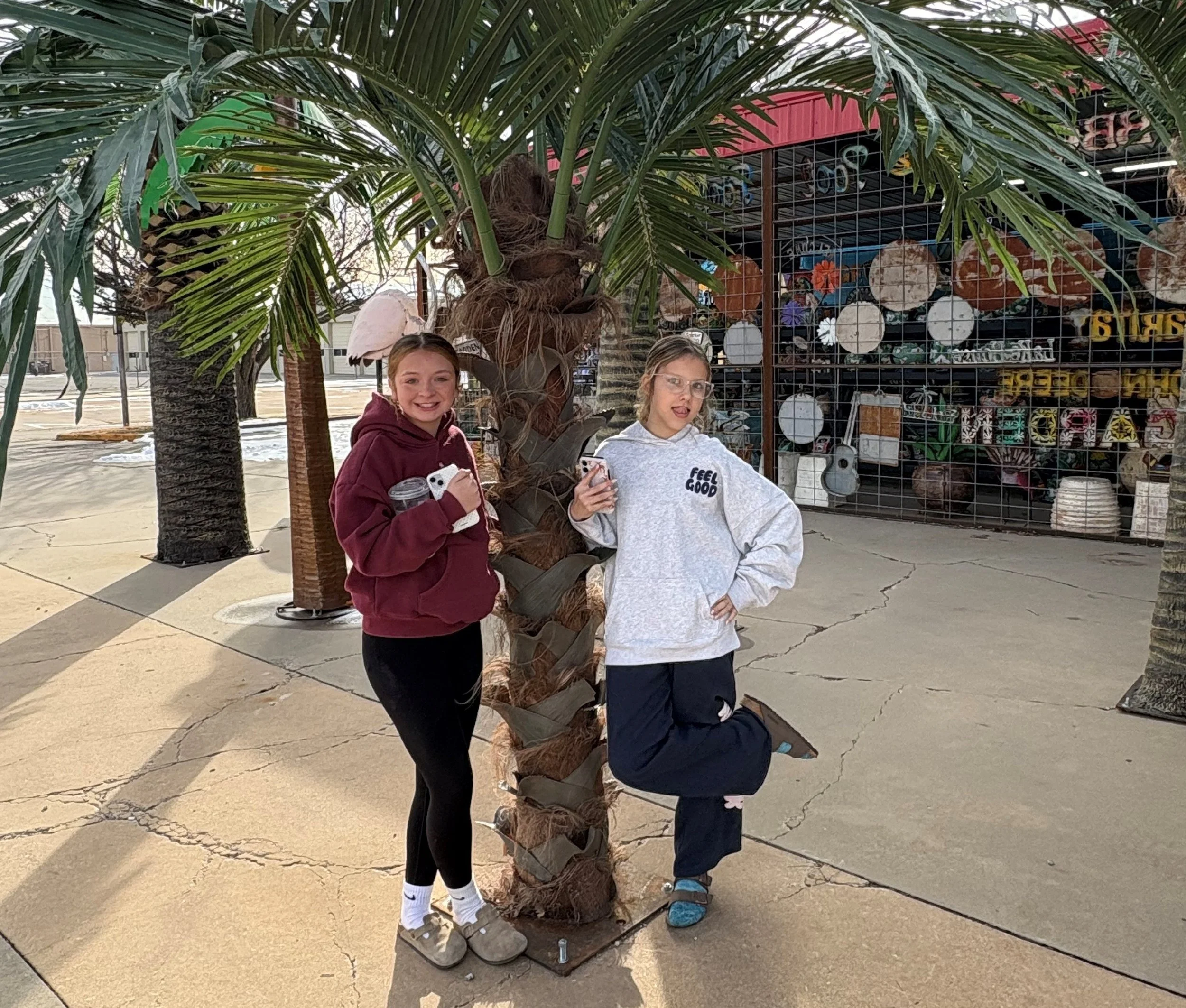 Two young women standing next to a palm tree on a sidewalk, holding phones. One is wearing a maroon hoodie and black pants, the other a white hoodie and dark pants. They are outdoors near a store with various items displayed behind a metal fence.