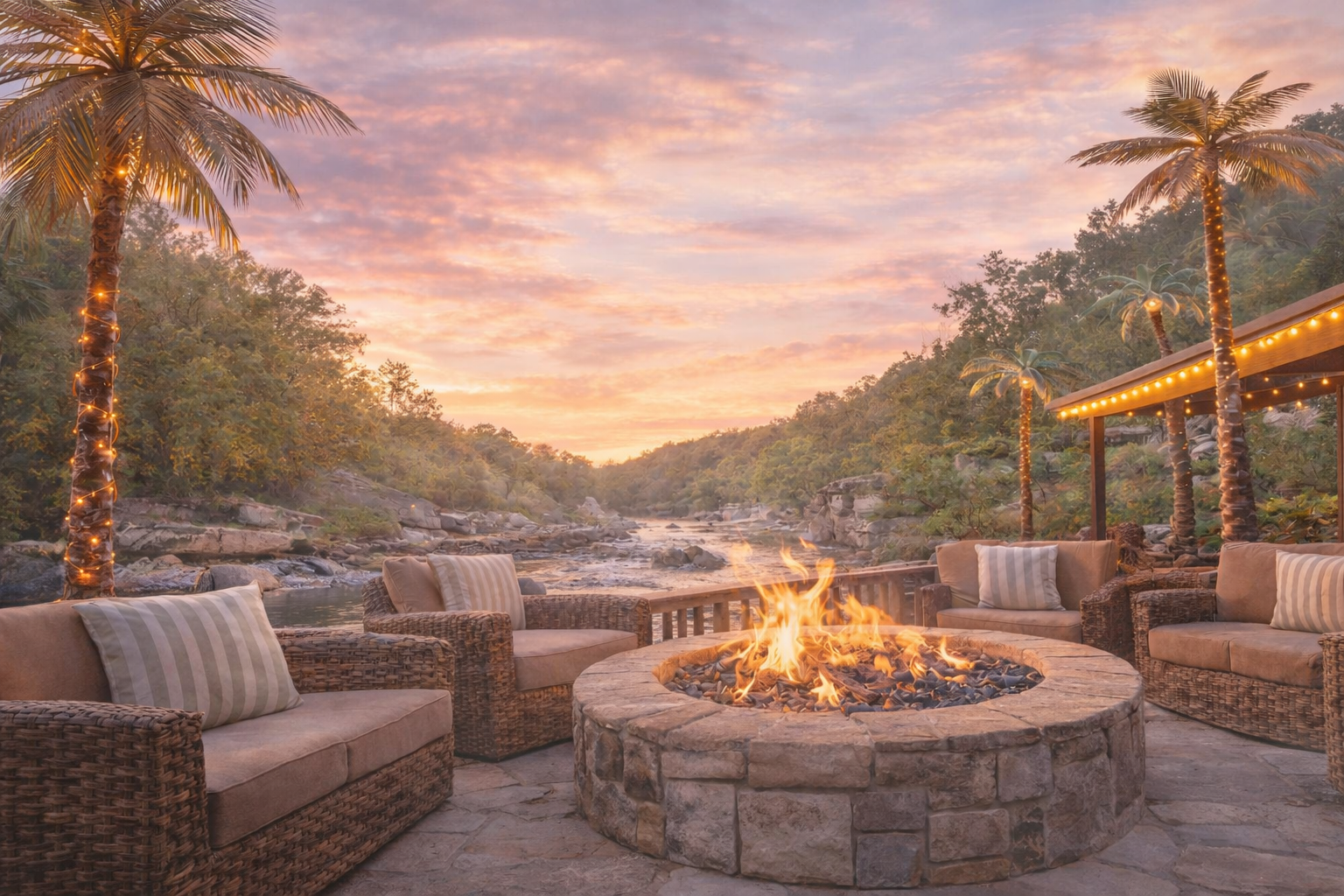 Outdoor seating area with wicker sofas and striped cushions around a stone fire pit. Palm trees wrapped with string lights, overlooking a river at sunset with a colorful sky and lush green hills.