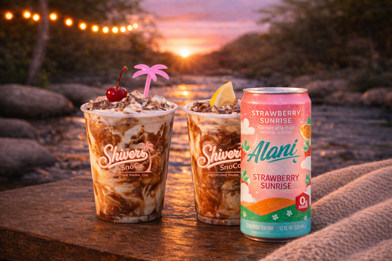 Two iced chocolate drinks with whipped cream and cherries, and a can of Alani Strawberry Sunrise energy drink, with a sunset over a river and string lights in the background.