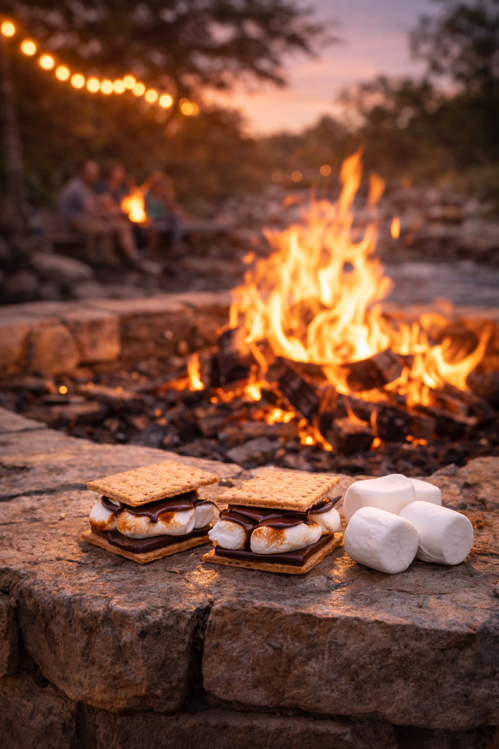 S'mores and marshmallows on a stone ledge in front of a campfire during sunset at an outdoor gathering.