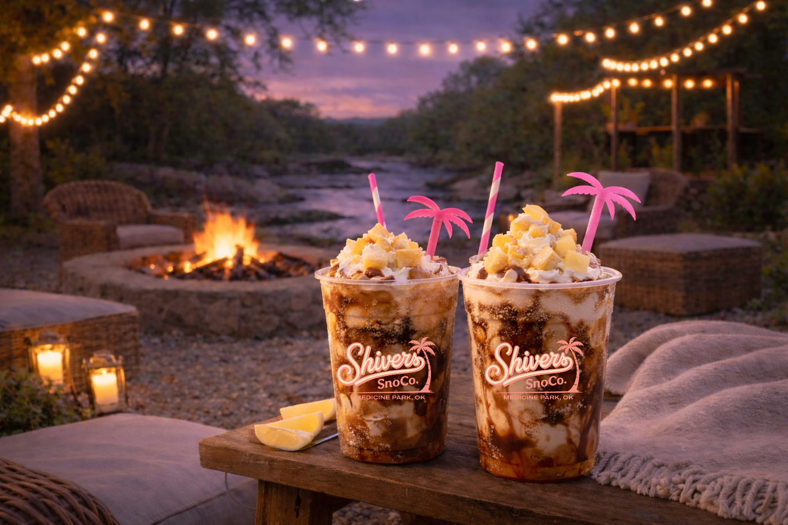 Two tropical frozen drinks with whipped cream, pineapple chunks, and pink palm tree and straw decorations on a wooden table, with a lakeside outdoor setting at dusk featuring a fire pit, wicker chairs, string lights, and candles.